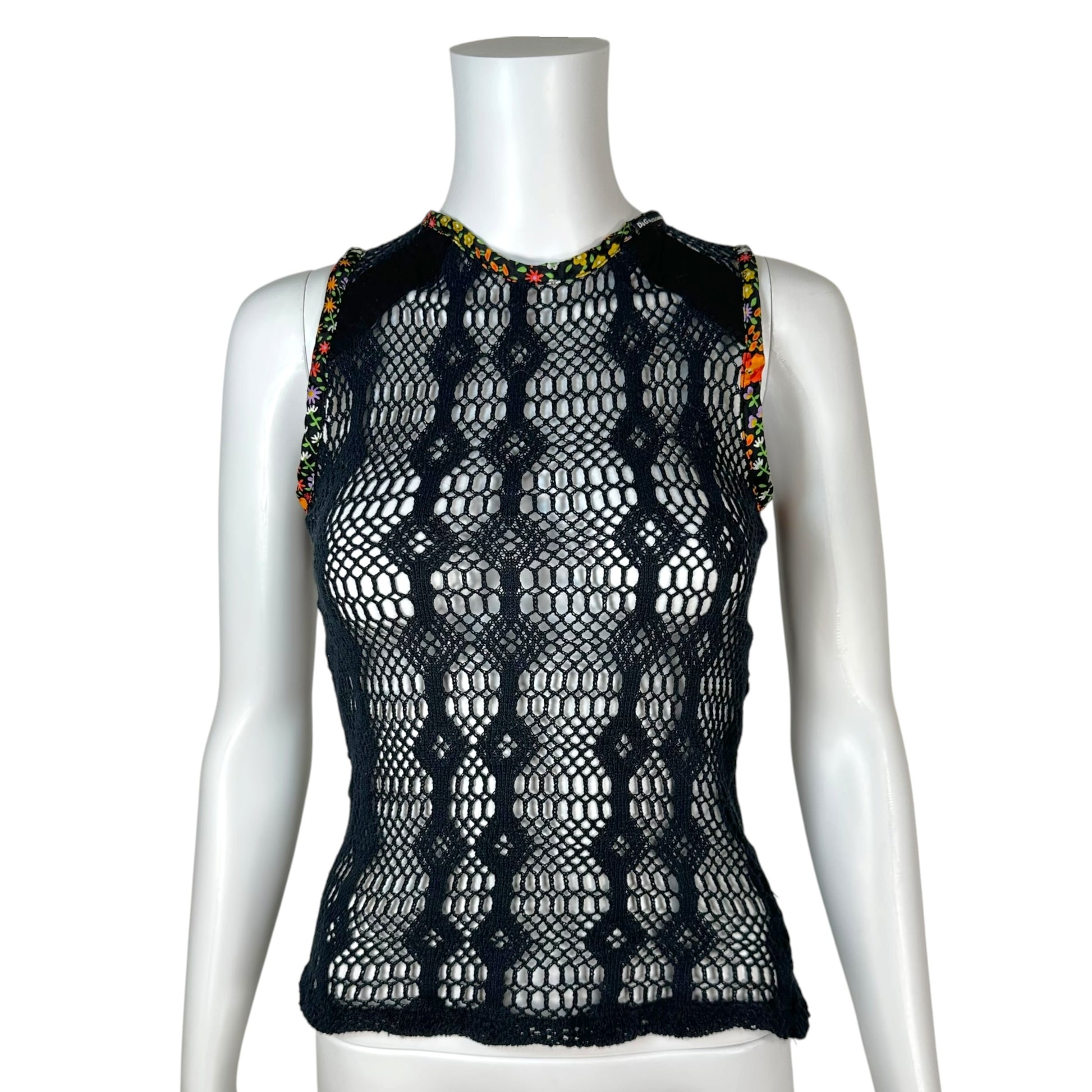 Dolce & Gabbana Black Sheer Crochet Tank Top Floral Trim