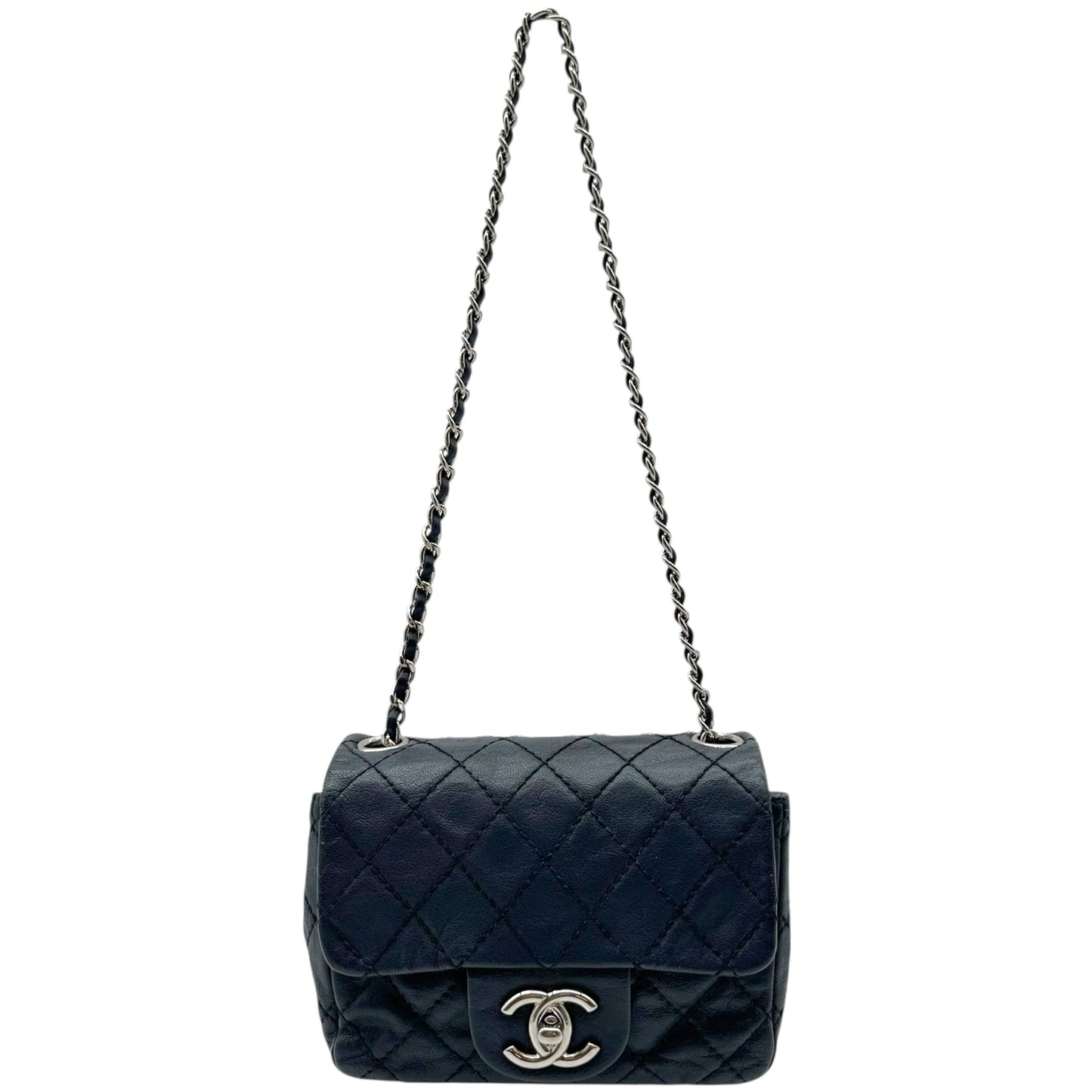 Chanel Navy Blue & Silver Mini Square Flap Crossbody Bag