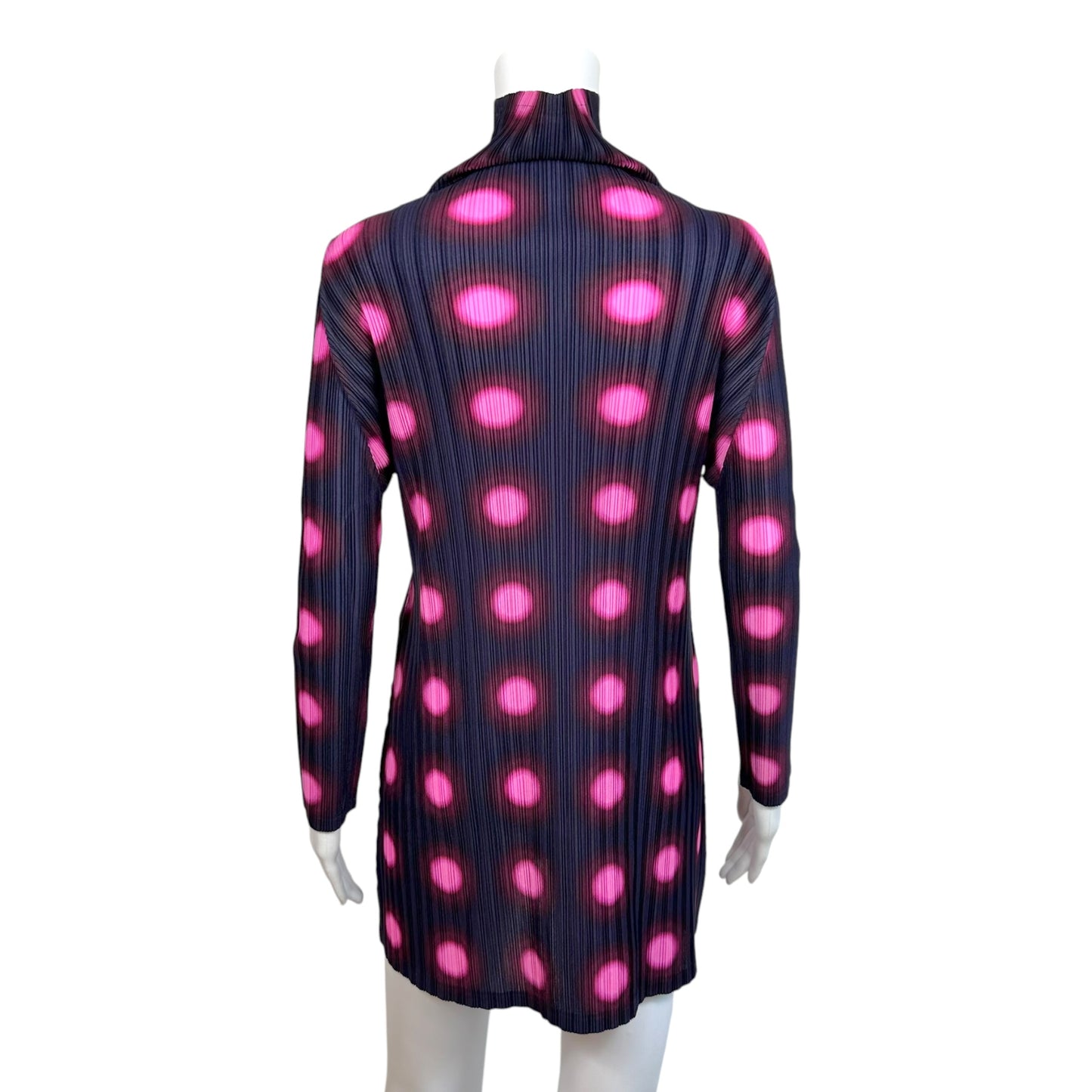 Issey Miyake Pleats Please Navy & Pink Polka Dot Mock Neck Longsleeve Mini Dress