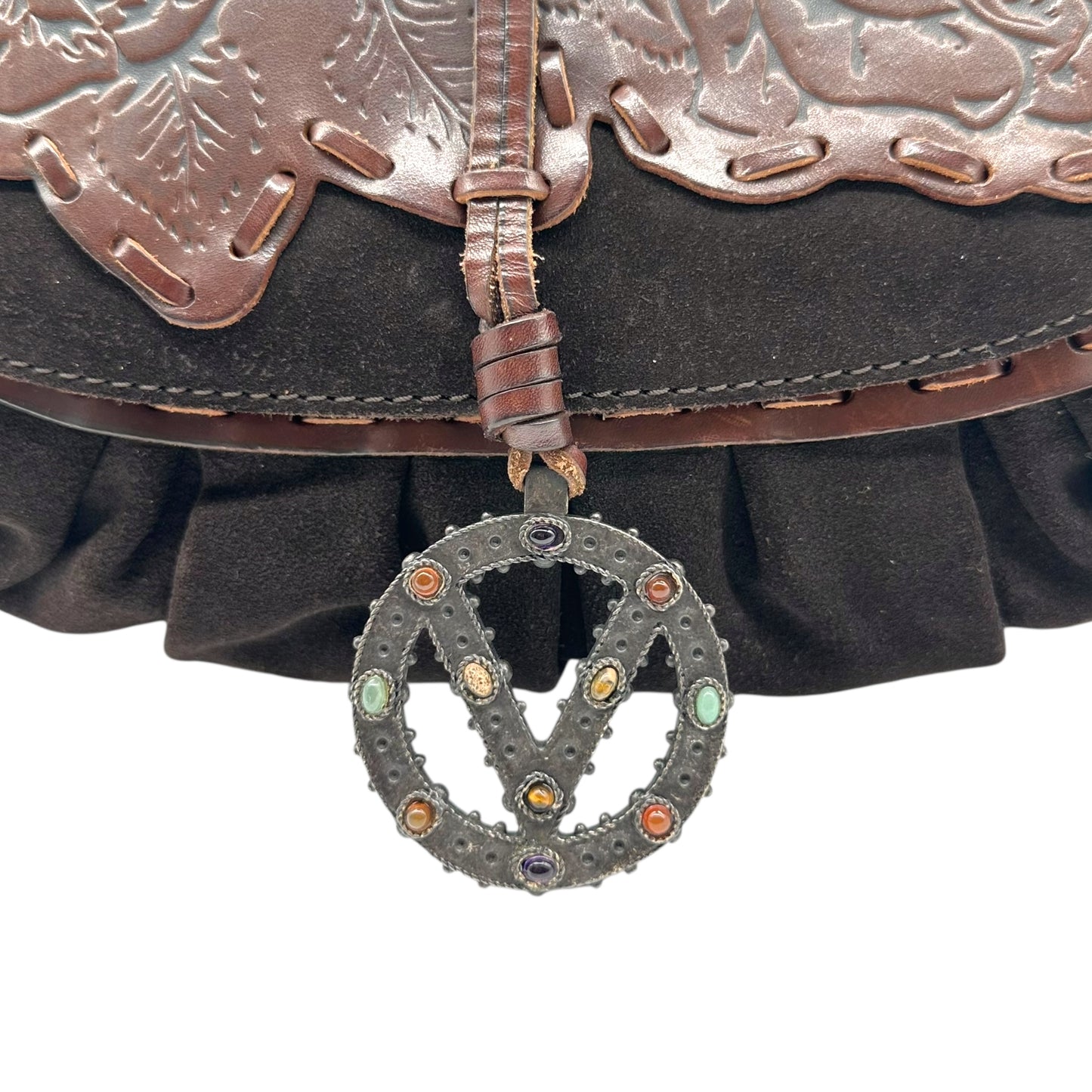 Valentino Garavani Brown Suede & Floral Embossed Leather Shoulder Bag