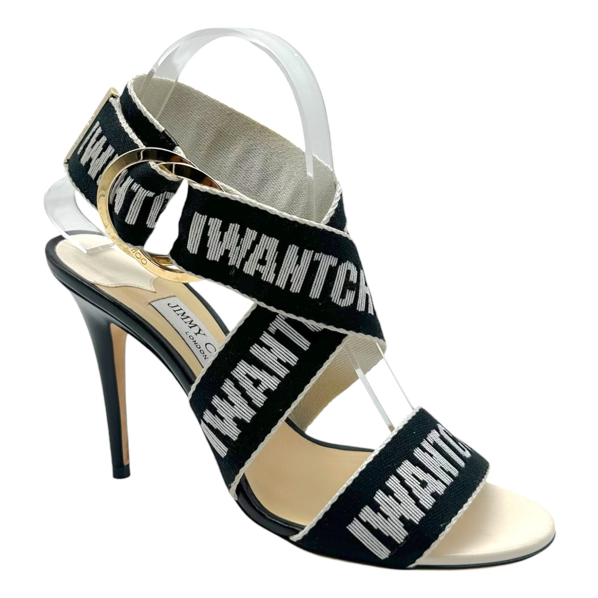 Jimmy Choo Black & White 'I Want Choo' Wrap Sandal Heels