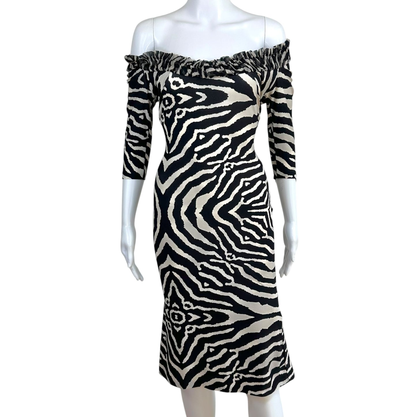 Roberto Cavalli 2007 Zebra Print Plunge Neckline Midi Dress