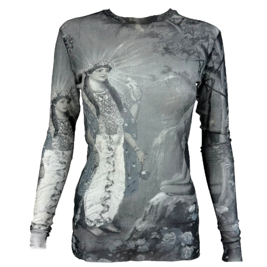 Jean Paul Gaultier Holy Figure Printed Mesh Long Sleeve Top