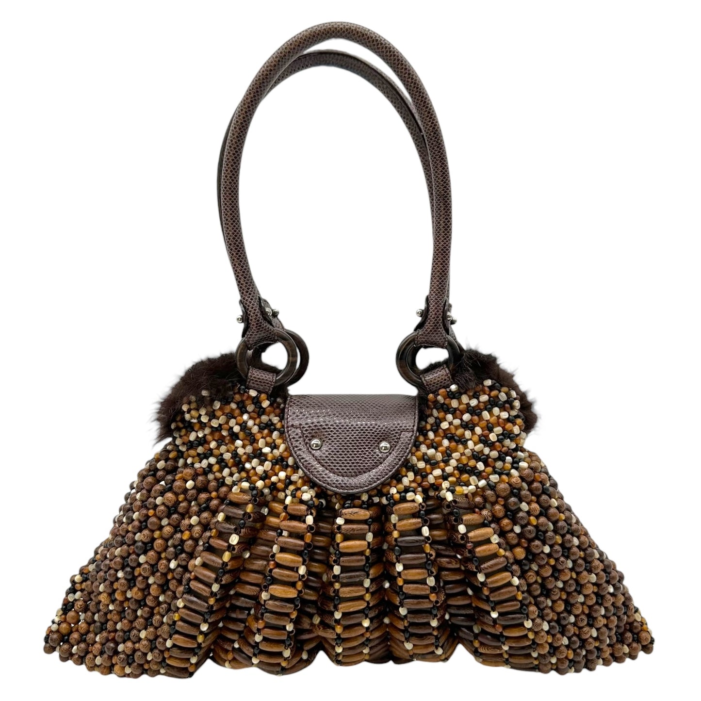 Salvatore Ferragamo Brown Fur Trim Wood Beaded Shoulder Bag