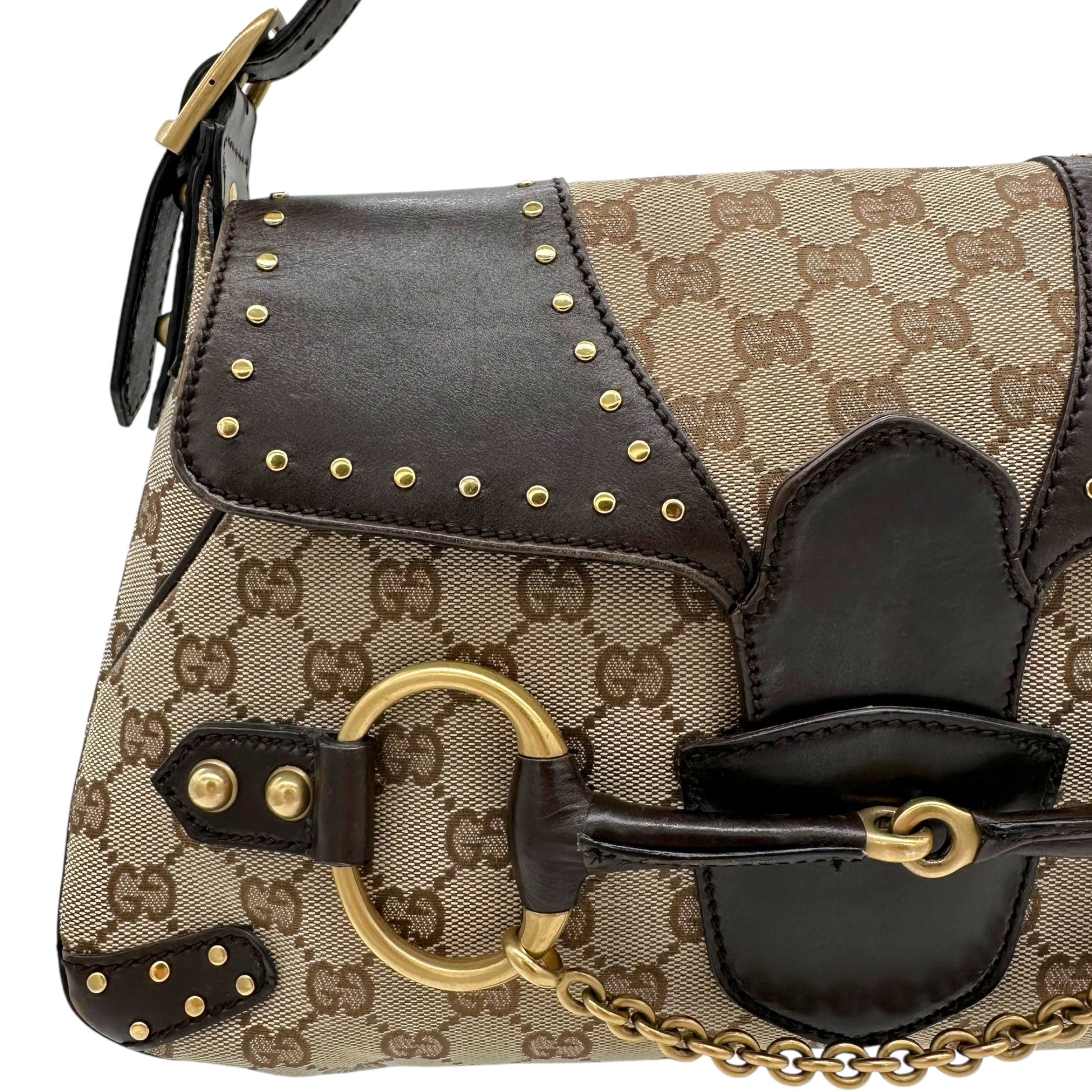 Gucci Studded Tan Monogram Horsebit Bag - Outfit Repeater