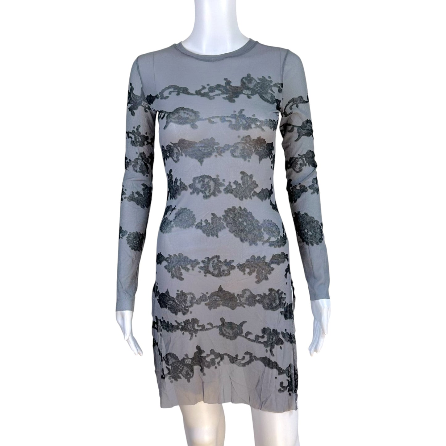 Jean Paul Gaultier Black & Gray Lace Print Mesh Longsleeve Side Slit Mini Dress