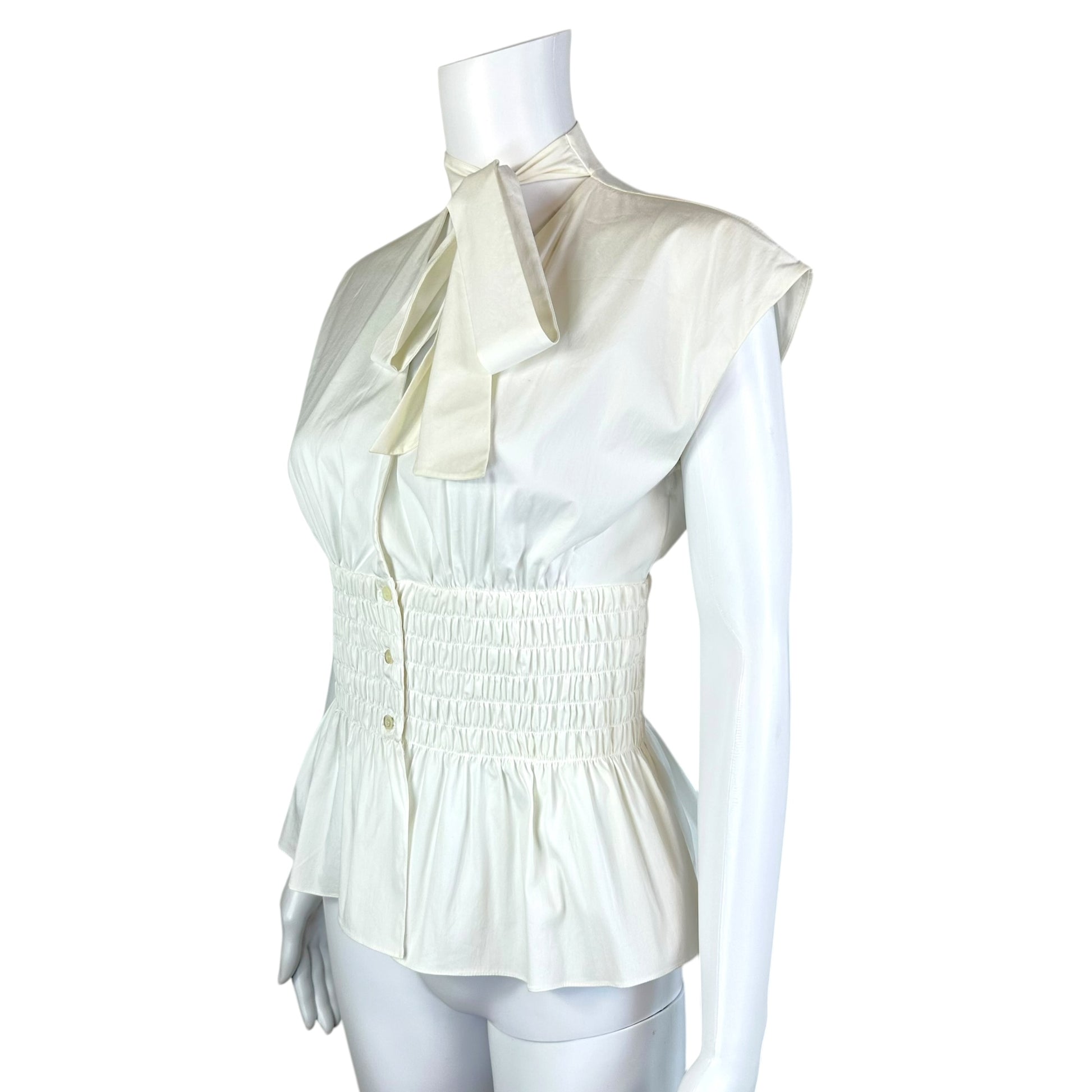 Christian Dior White Cinch Waist Tie Neck Blouse