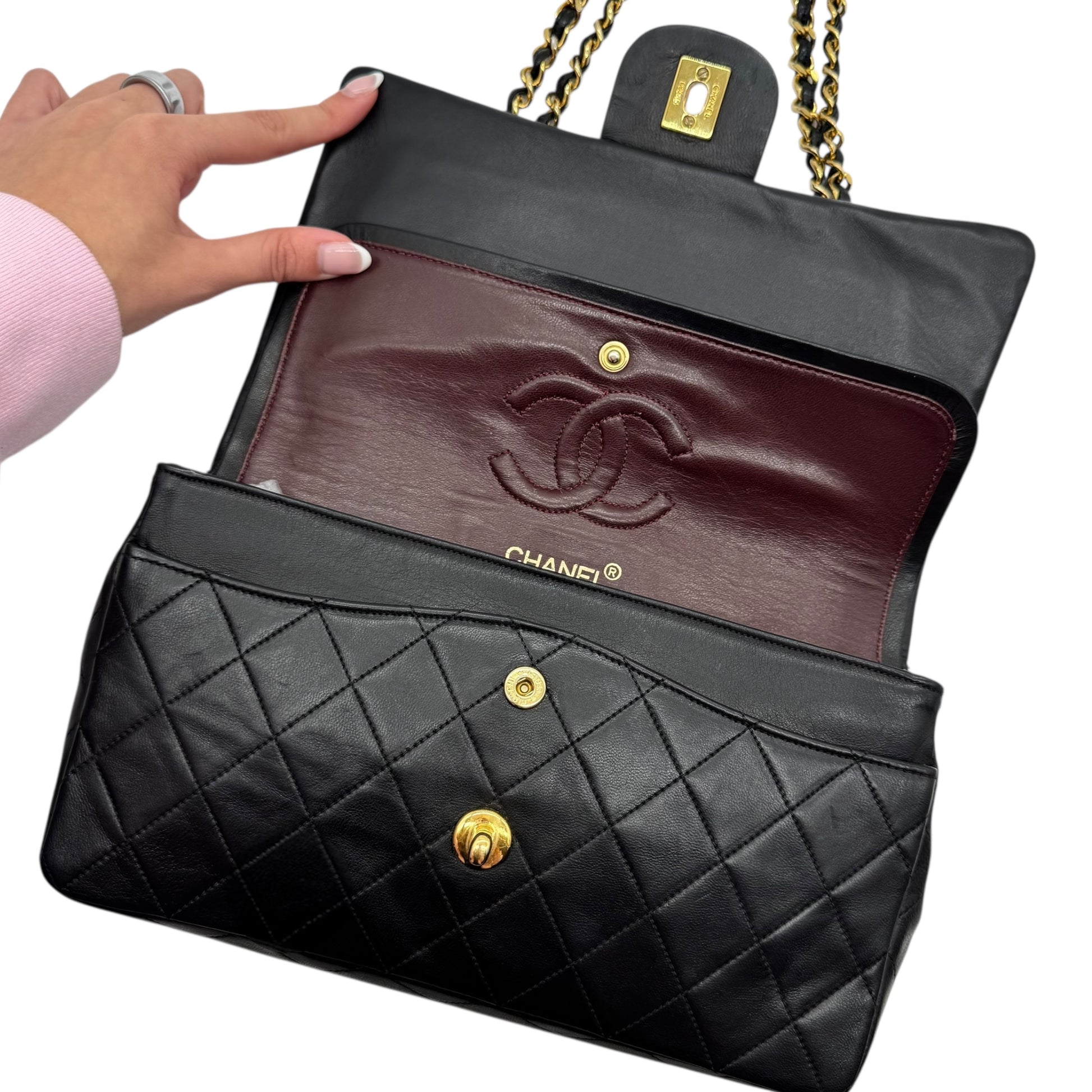Chanel Black Lambskin Matelasse Quilted Classic Medium Double Flap Bag 1989-1991 - Outfit Repeater