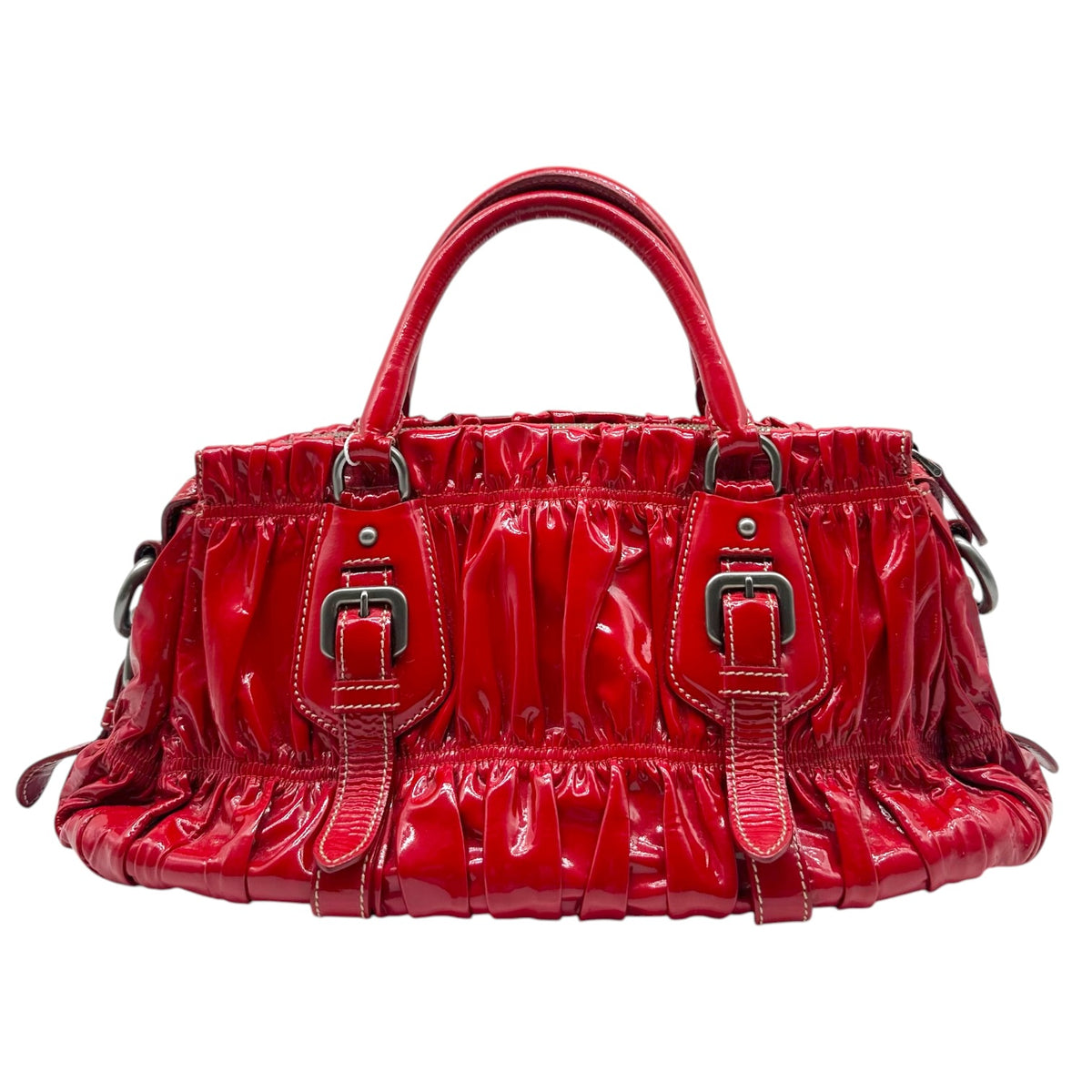 Prada Red Ruched Patent Leather 2-Way Bag