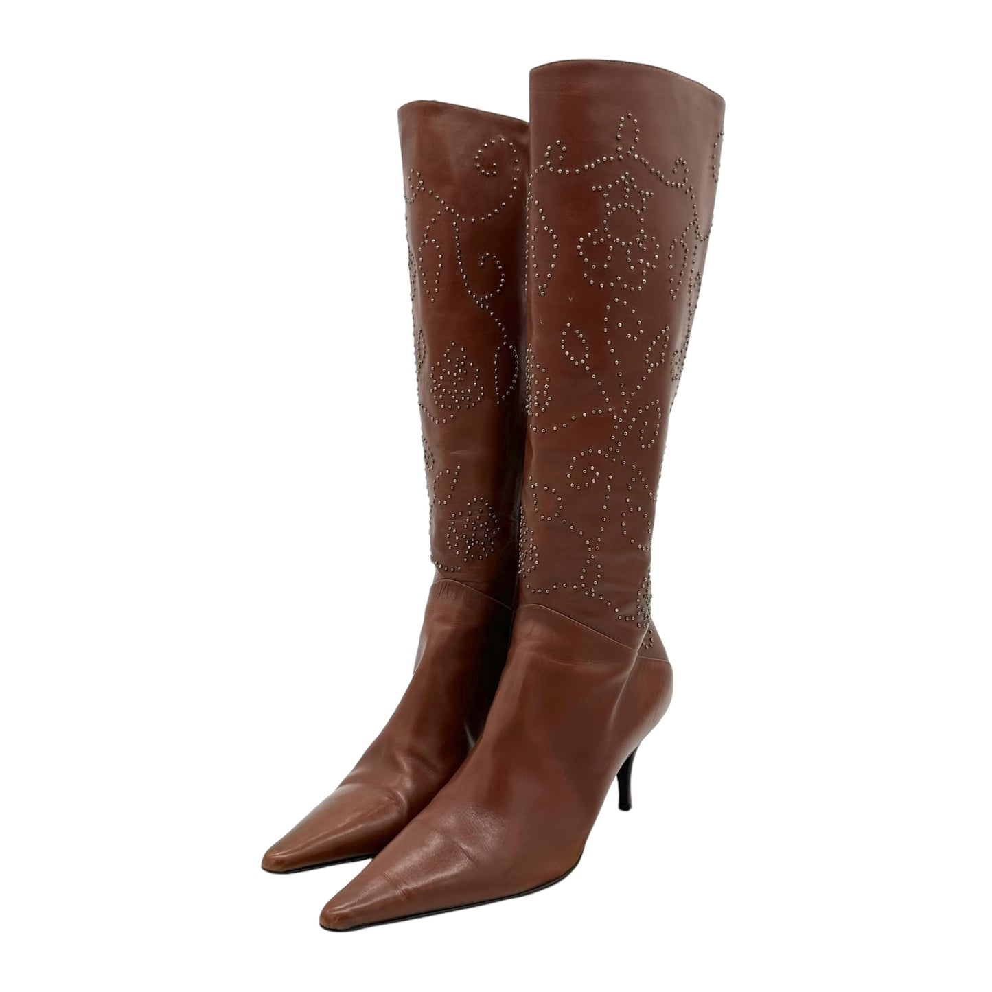 Oscar de la Renta Brown Studded Leather Boots - Outfit Repeater