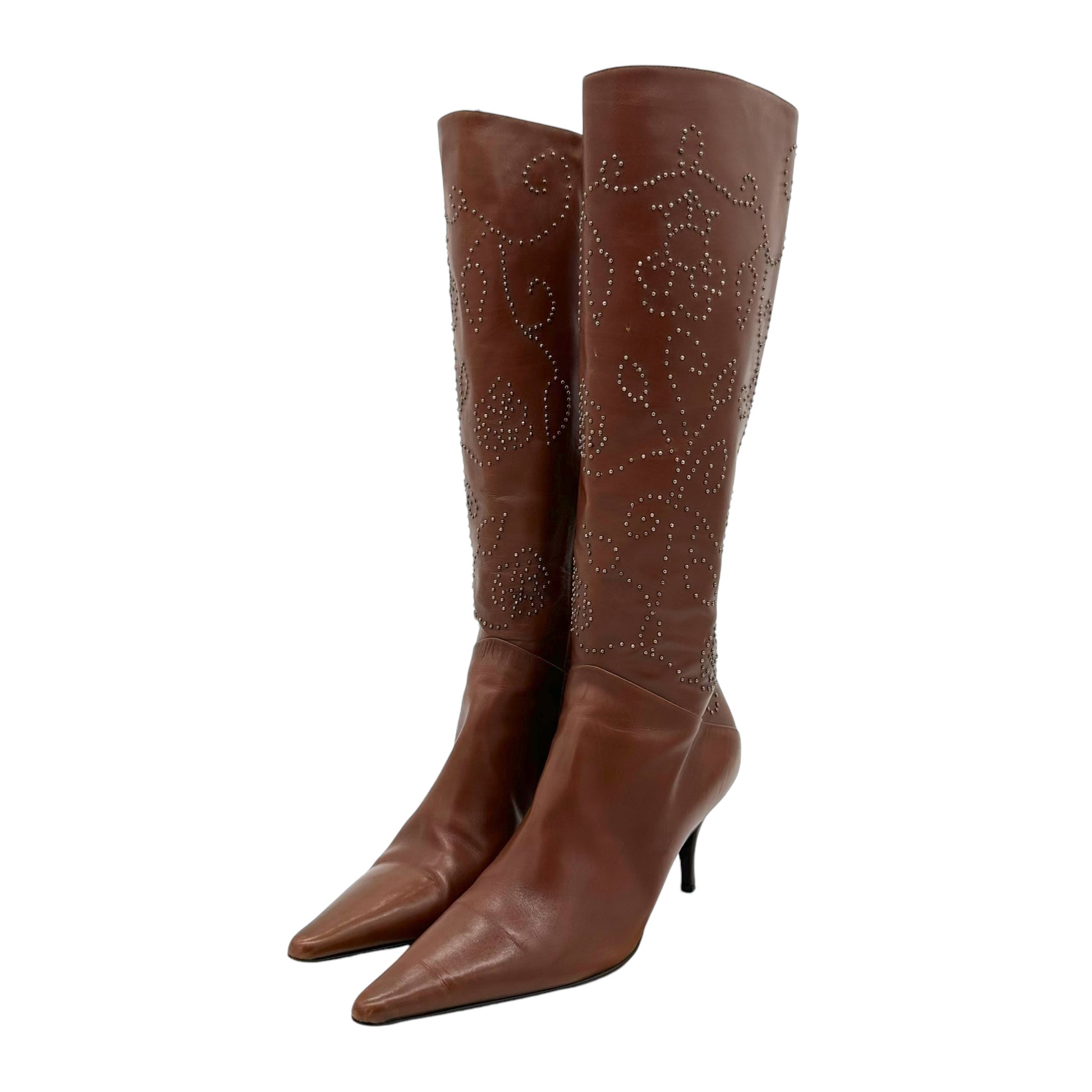Oscar de la Renta Brown Studded Leather Boots - Outfit Repeater