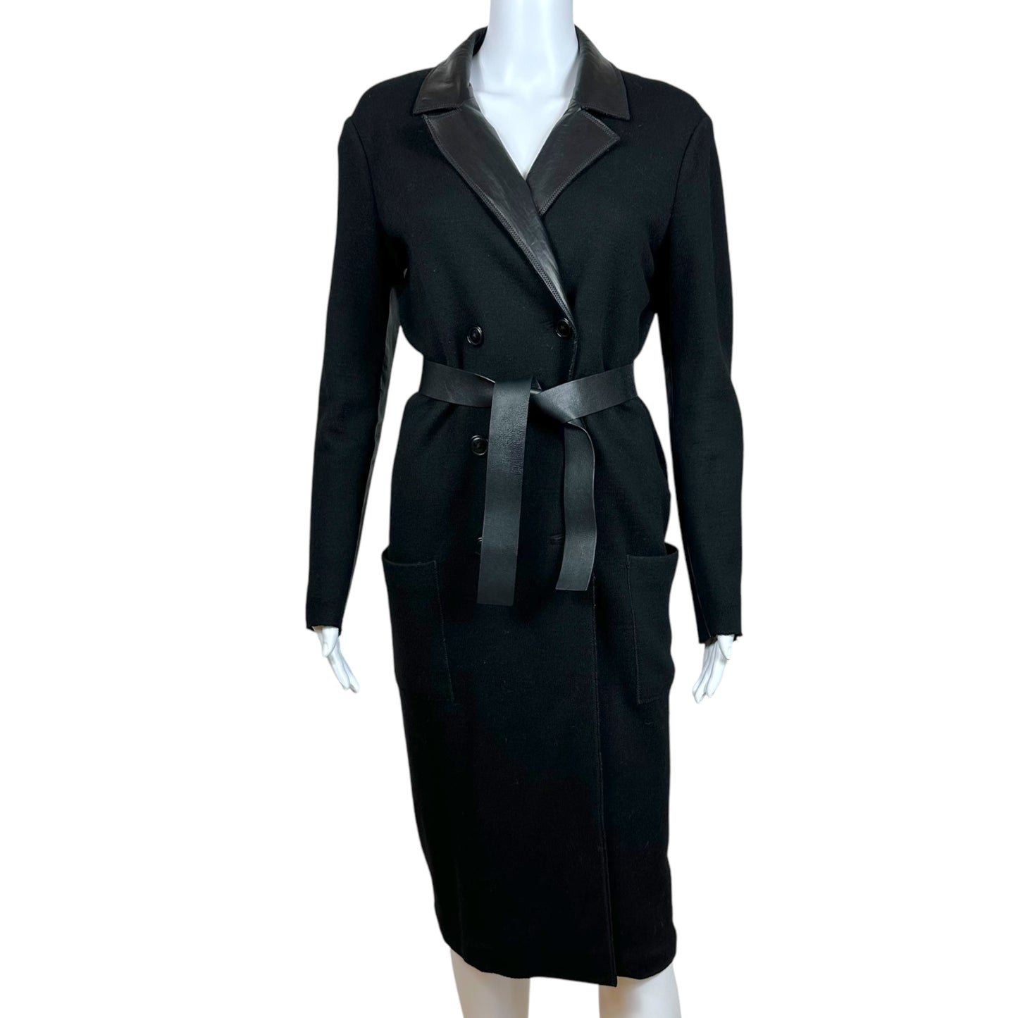 Bottega Veneta Black Leather & Wool Knit Trench Coat