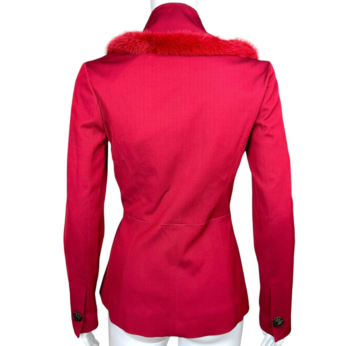 Blumarine Red Mini Jacket Fur Trim Crystal Buttons