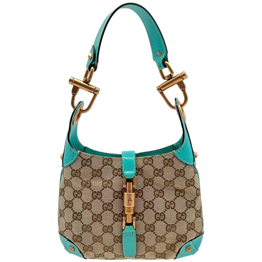 Gucci Mini Piston Jackie Bag Turquoise Leather Tan Monogram