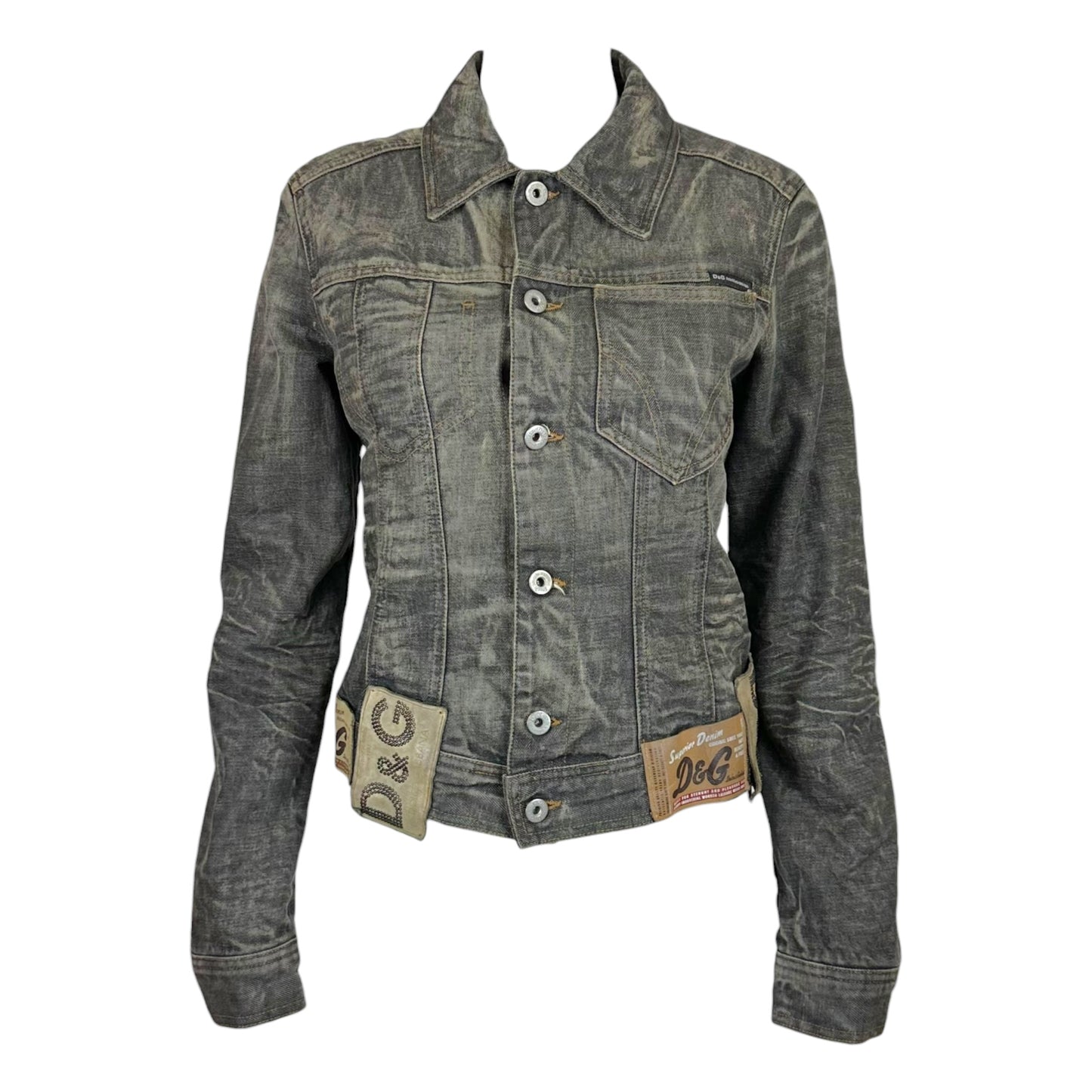 D&G Dolce & Gabbana Gray Denim Multi-Logo Patch Jacket