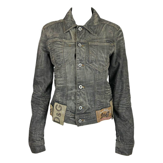 D&G Dolce & Gabbana Gray Denim Multi-Logo Patch Jacket