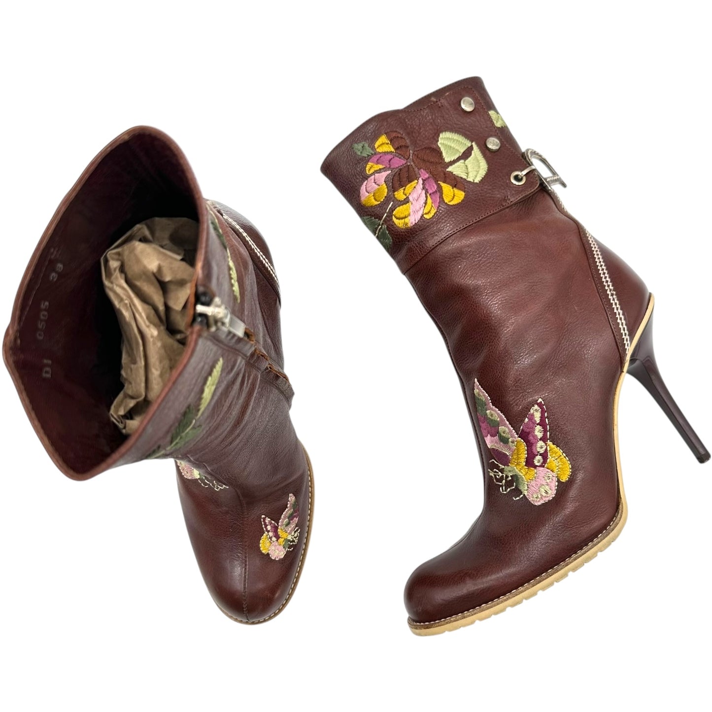 Christian Dior Brown Leather Embroidered Floral Heeled Boots