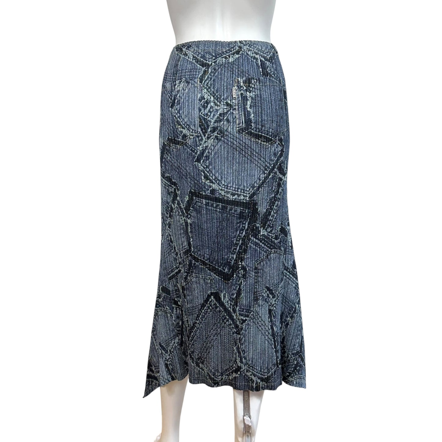 Issey Miyake Pleats Please Patchwork Denim Print Pleated Maxi Skirt