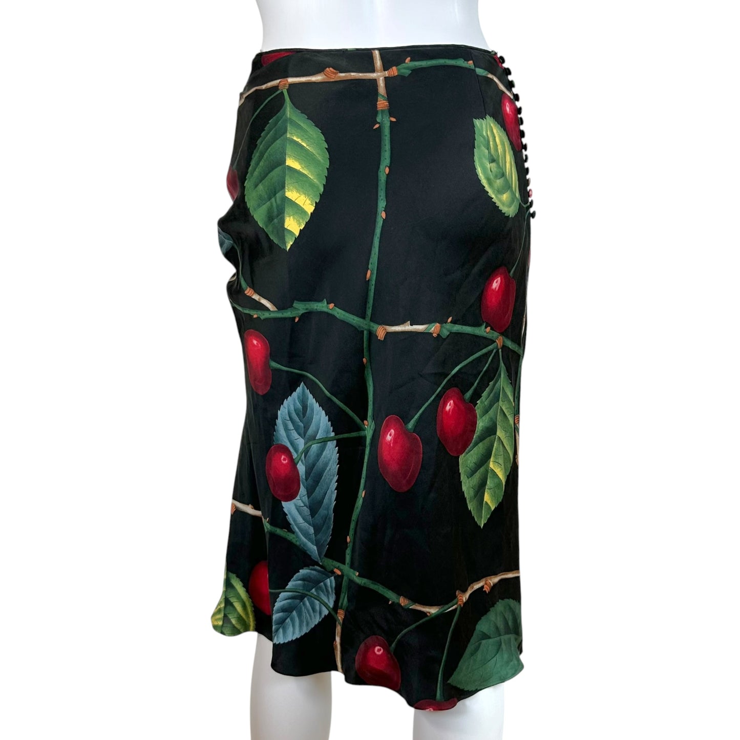 John Galliano Silk Midi Skirt Cherry Print Ruched Design