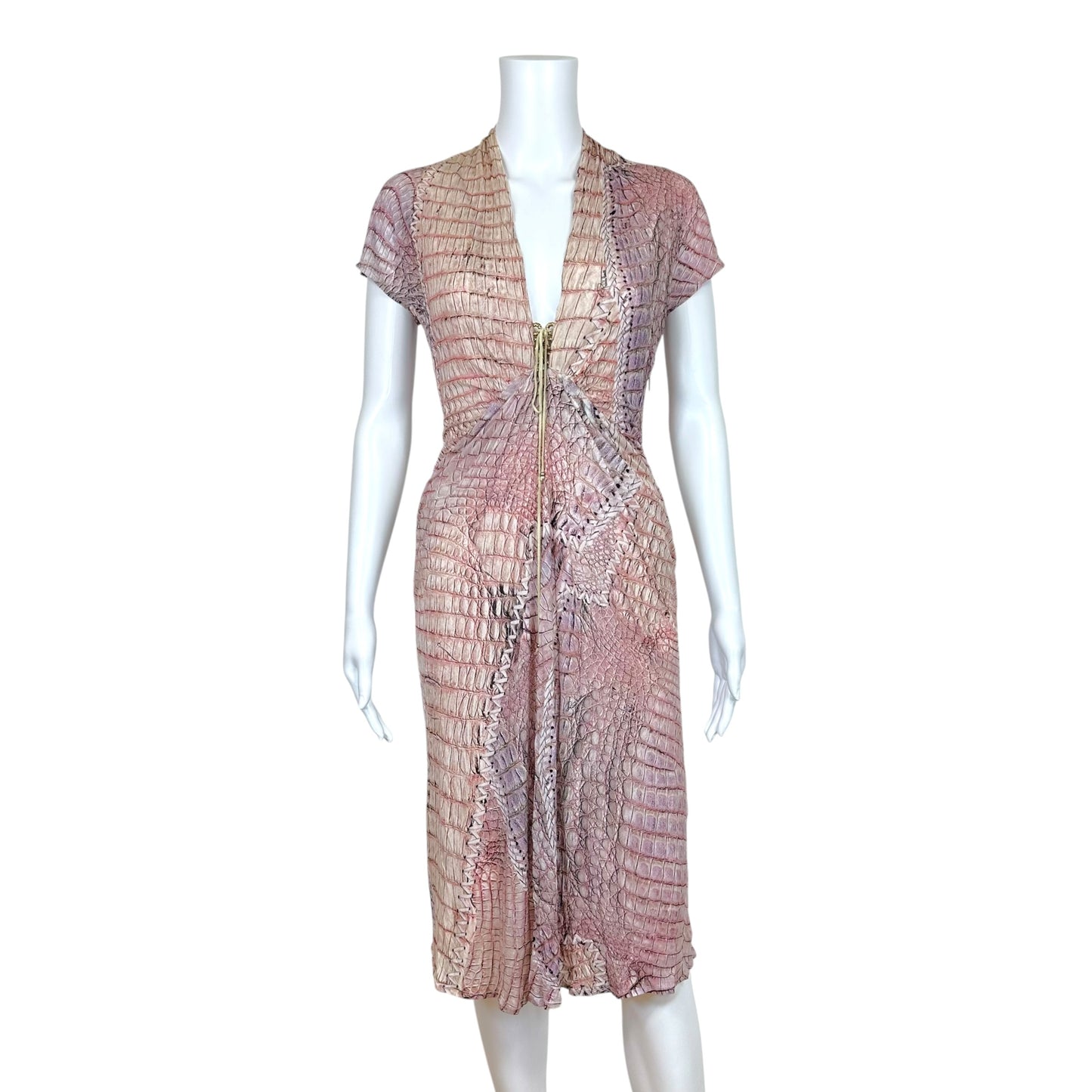 Roberto Cavalli S/S 2011 Pink Croc Print Lace Up Front Midi Dress