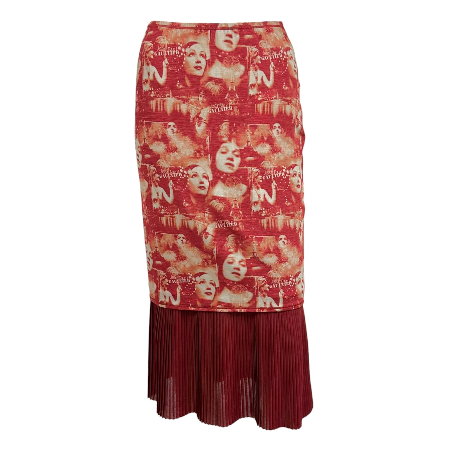 Jean Paul Gaultier Burgundy Face Print Pleated Hem Midi Skirt