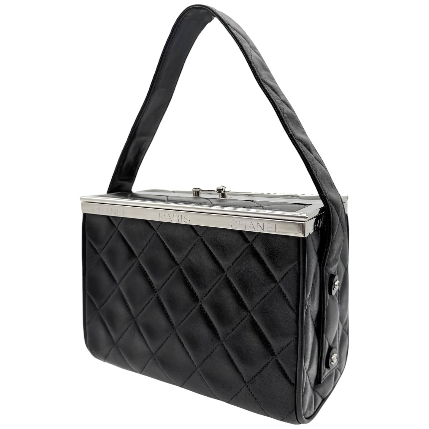 Chanel Black Matelasse Quilted Lambskin Metal Trim Vanity Bag 1996-97 - Outfit Repeater