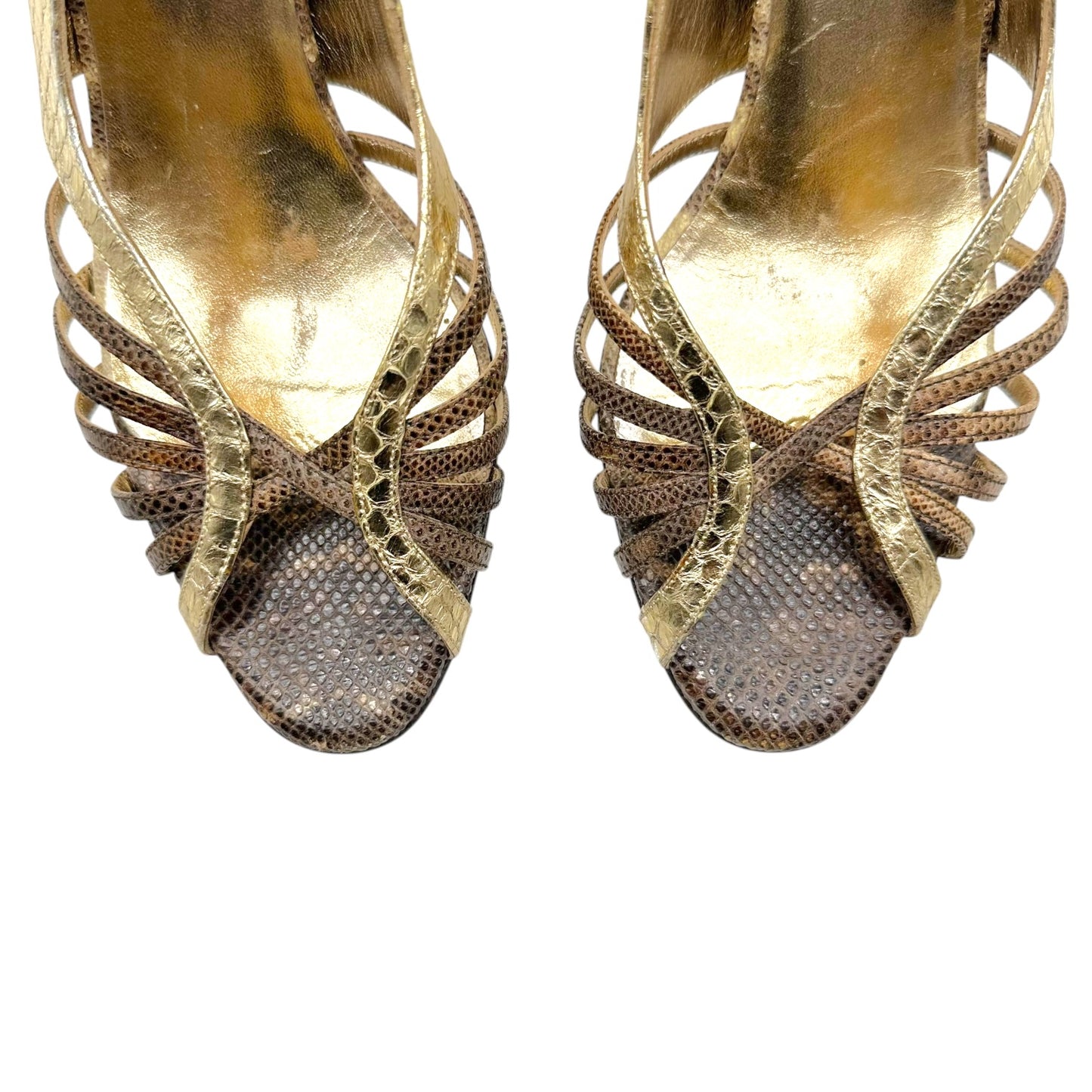 Dolce & Gabbana Gold & Brown Snakeskin Strappy Sandal Heels