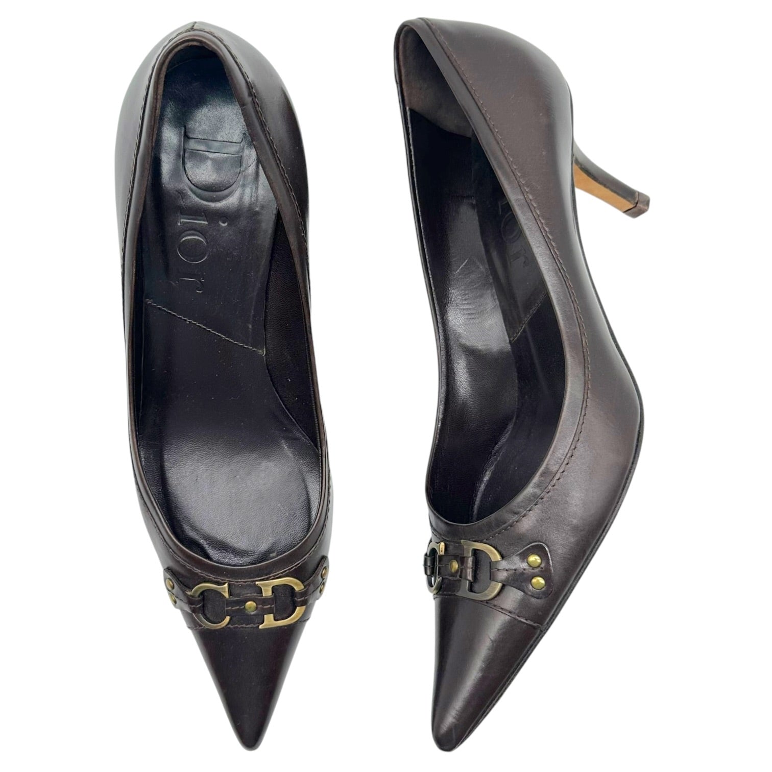 Christian Dior Brown Pointed Toe Heels with CD Logo Charm