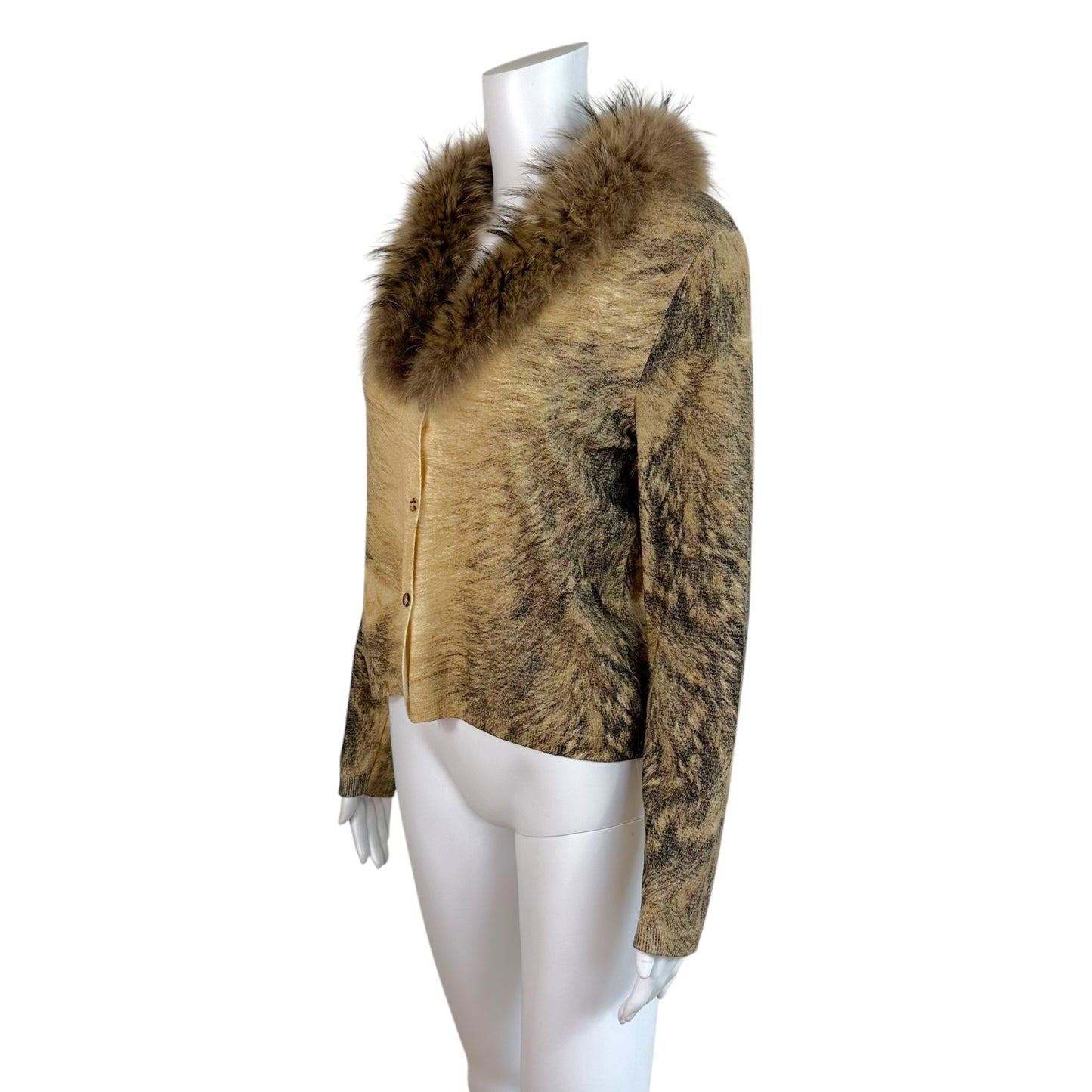 Roberto Cavalli 90's Tan Black Printed Cardigan with Fur Trim