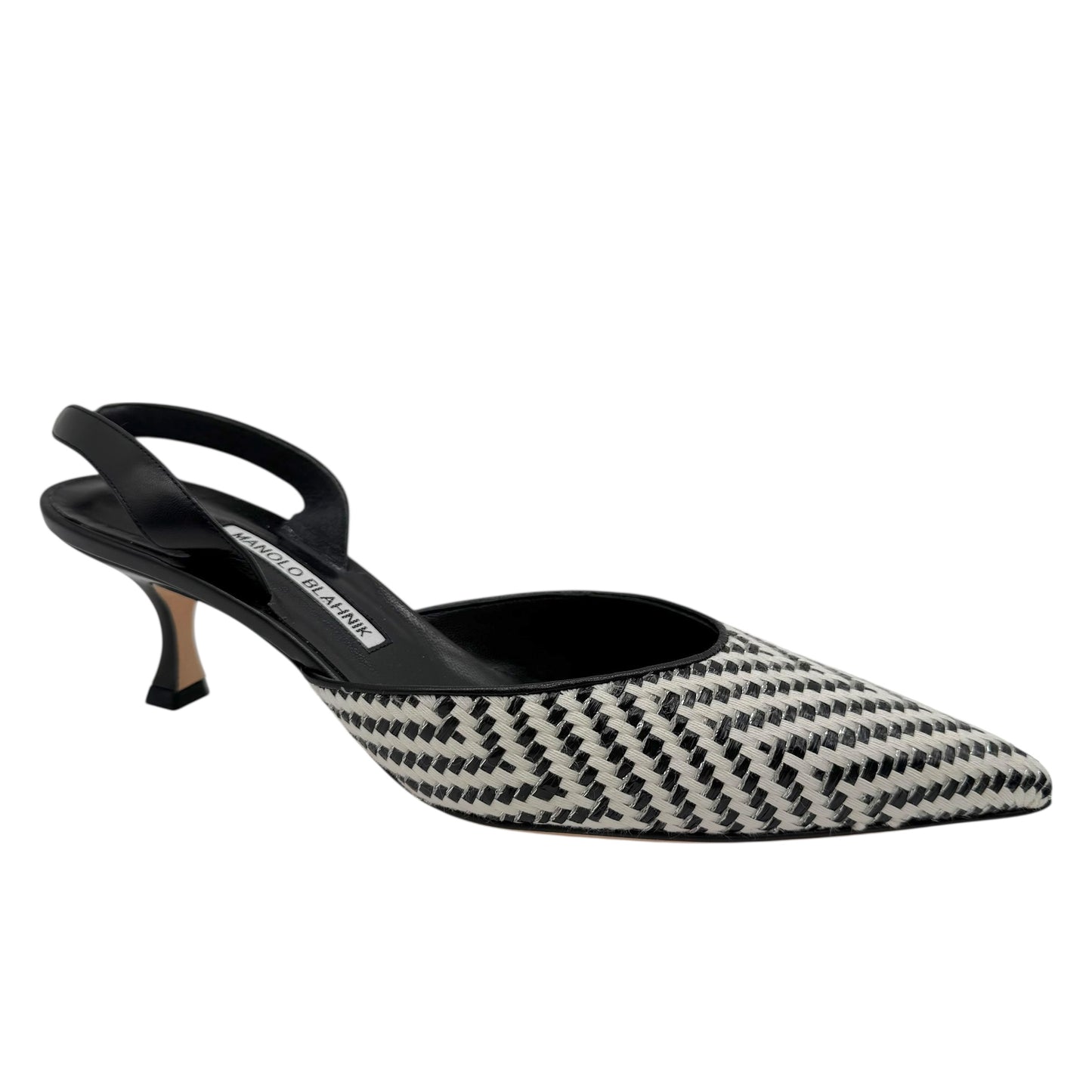 Manolo Blahnik Black & White Raffia Slingback Heels - Outfit Repeater