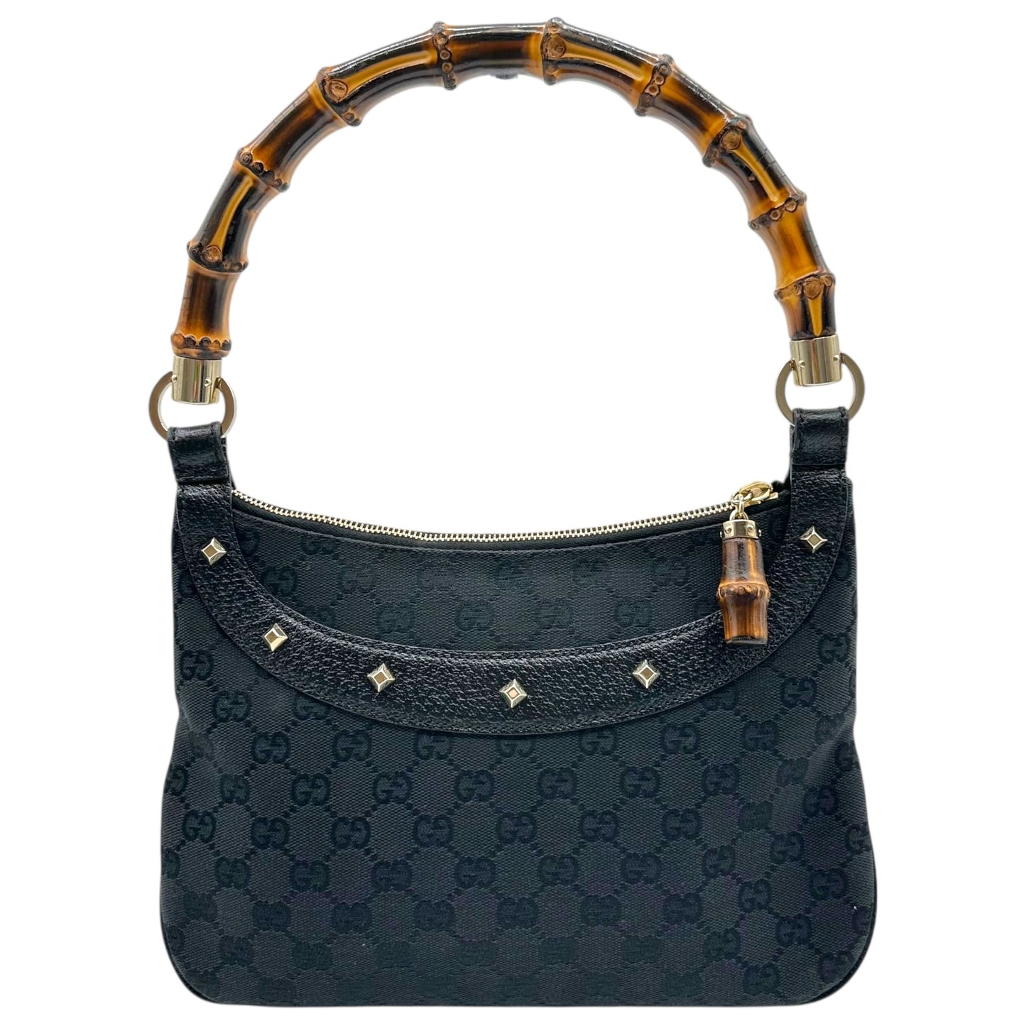 Gucci Black Monogram Canvas Bamboo Handle Shoulder Bag