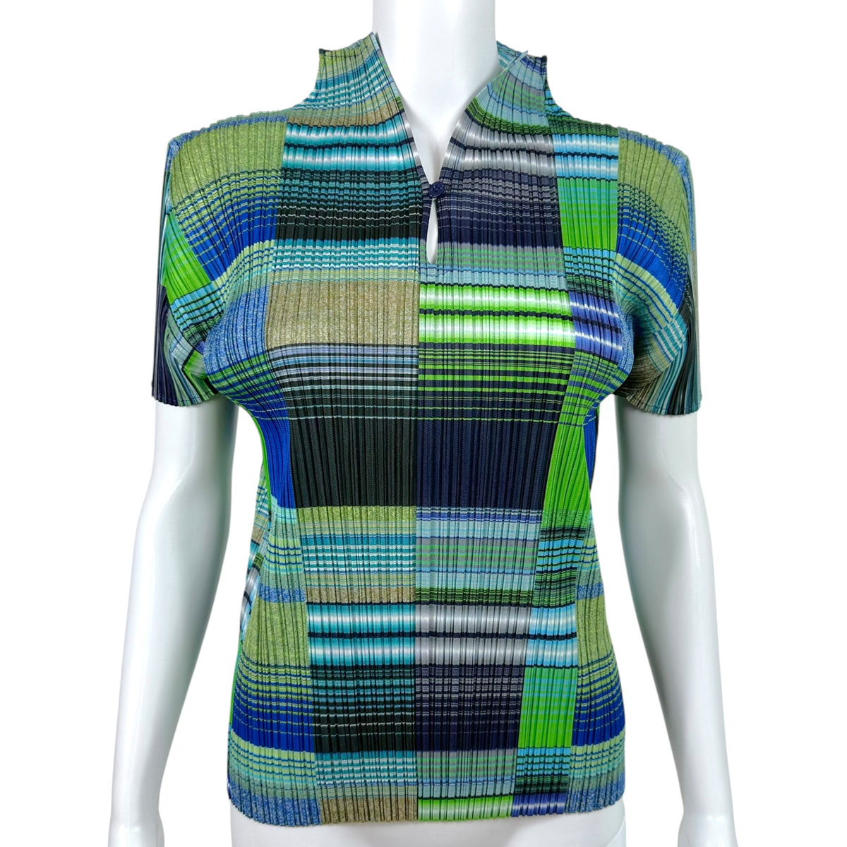 Issey Miyake Pleats Please Blue Green Multicolor Striped Gradient Print Pleated Short Sleeve Blouse Sz 4