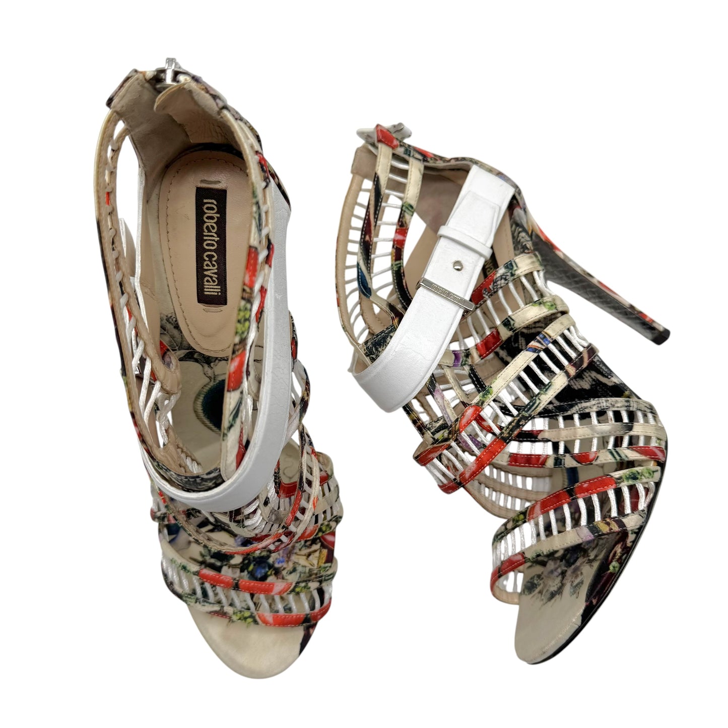 Roberto Cavalli Multicolor Printed Silk Strappy Stiletto Sandals