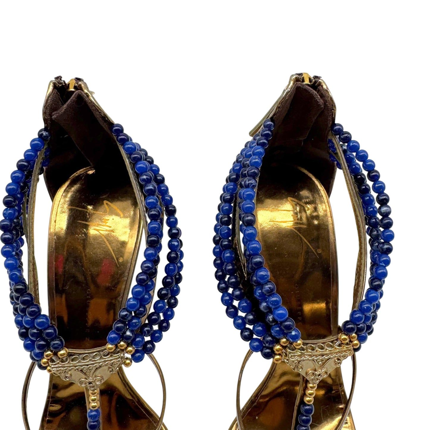 Giuseppe Zanotti Bronze Leather Blue Beaded Sandal Heels