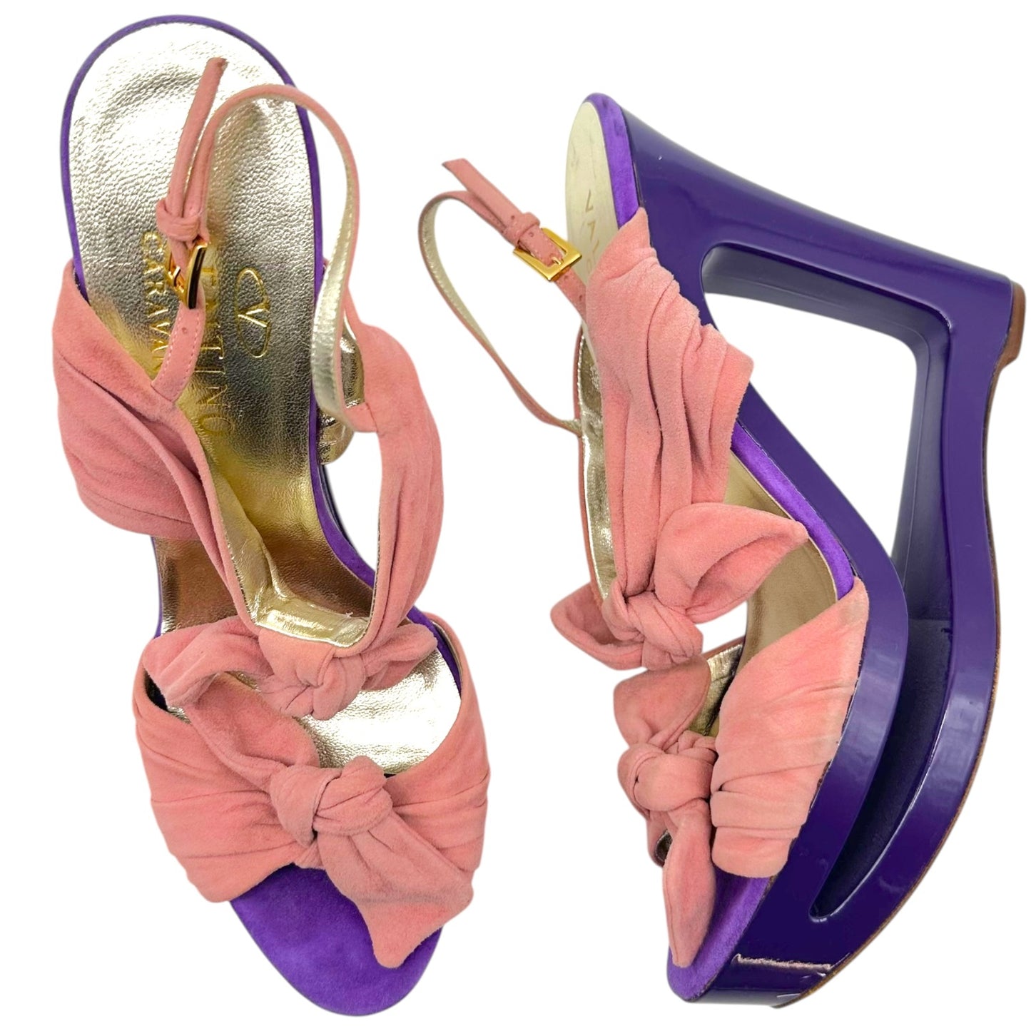 Valentino Garavani Pink Suede & Purple Cut-Out Platform Wedge Sandals