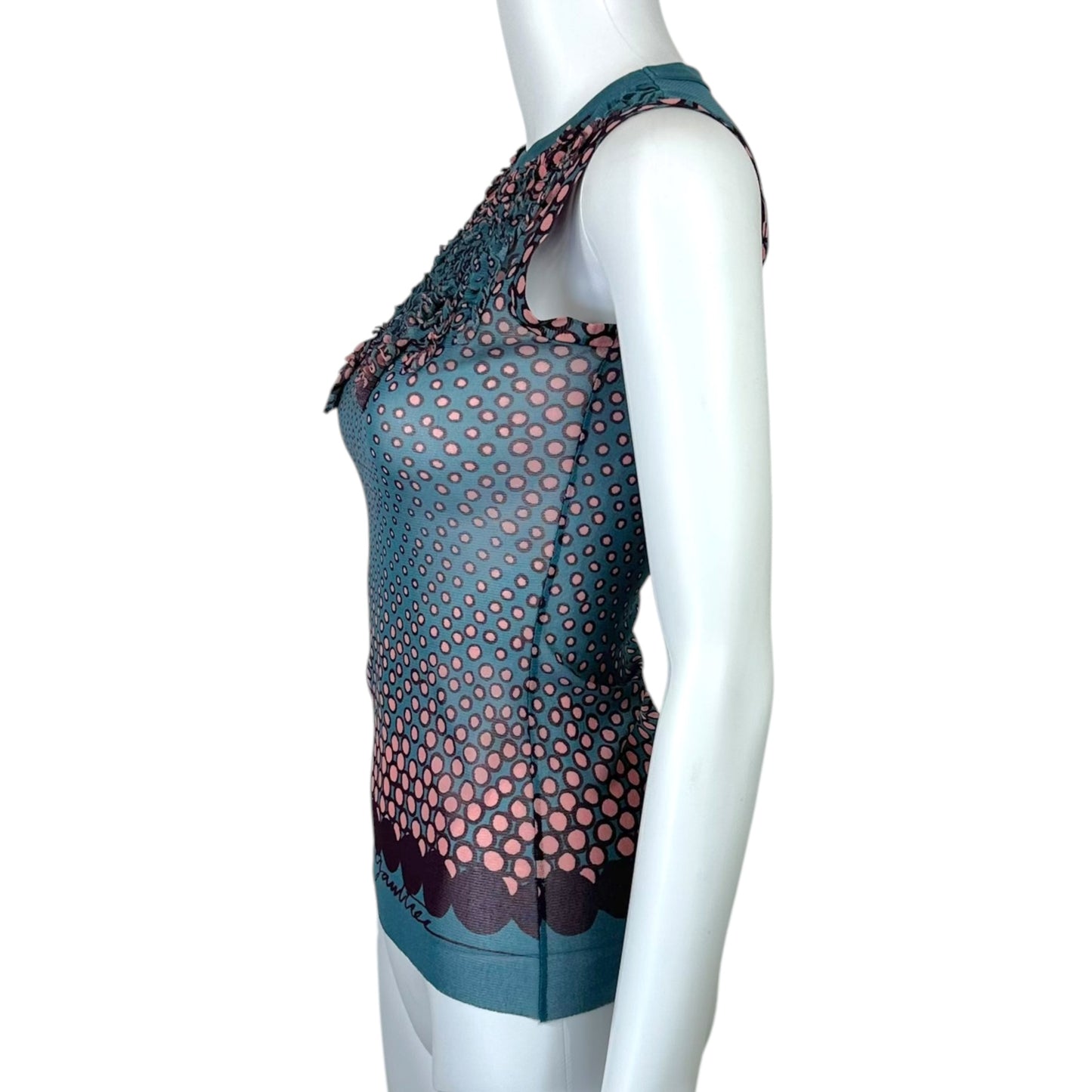 Jean Paul Gaultier Teal & Pink Logo Print Polka Dot Mesh Tank