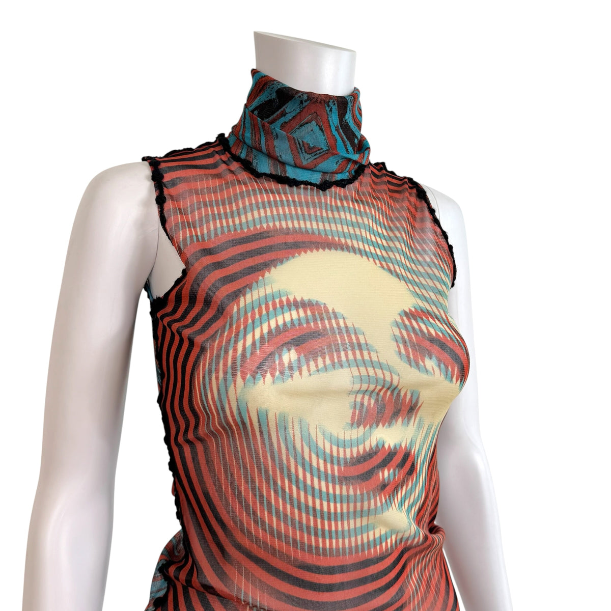 Jean Paul Gaultier F/W 2001 Marlene Dietrich Face Print Mesh Sleeveless Turtleneck Top