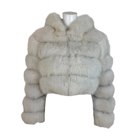 White Cropped Hooded Fox Fur Coat