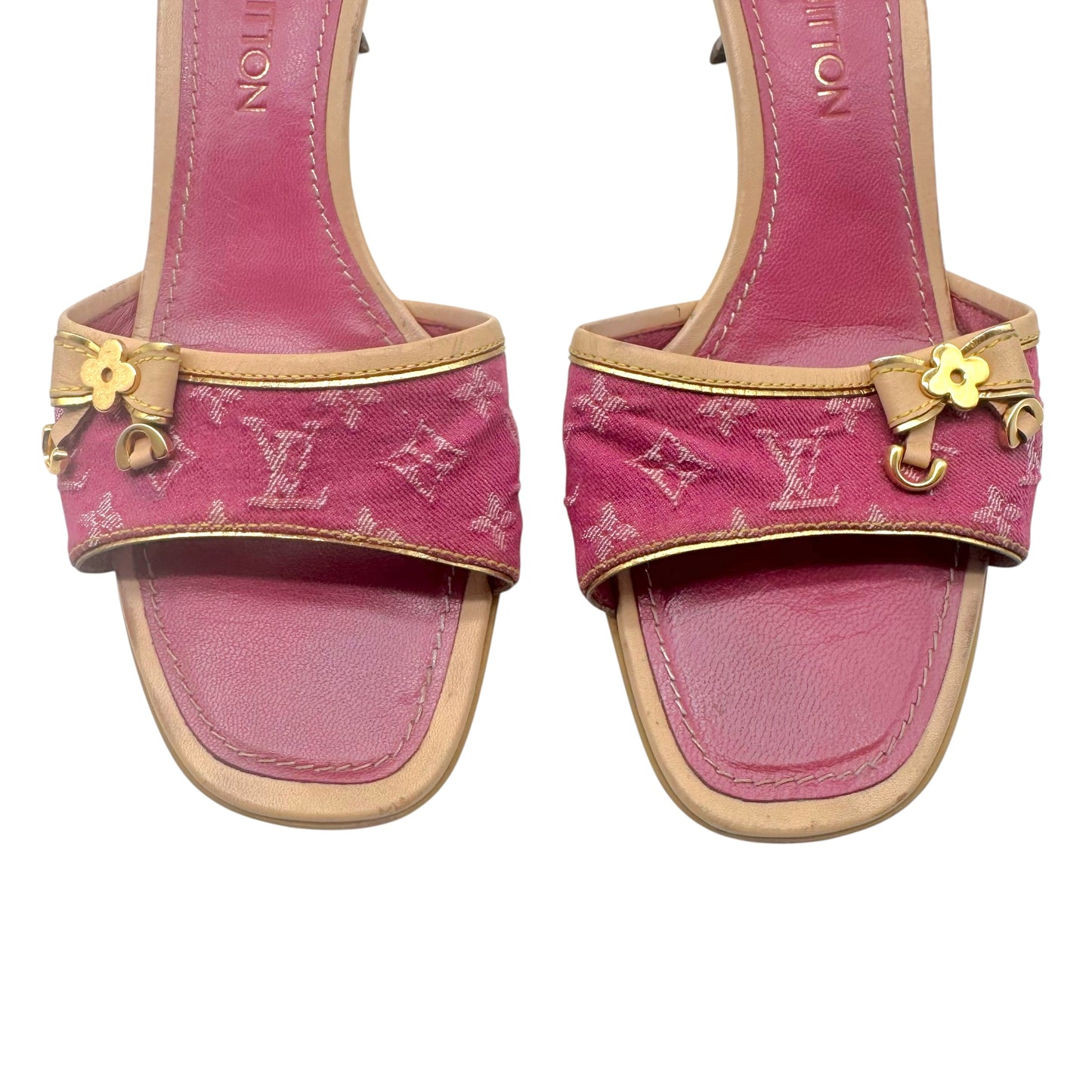 Louis Vuitton Pink Denim Monogram Kitten Heel Mule Sandals
