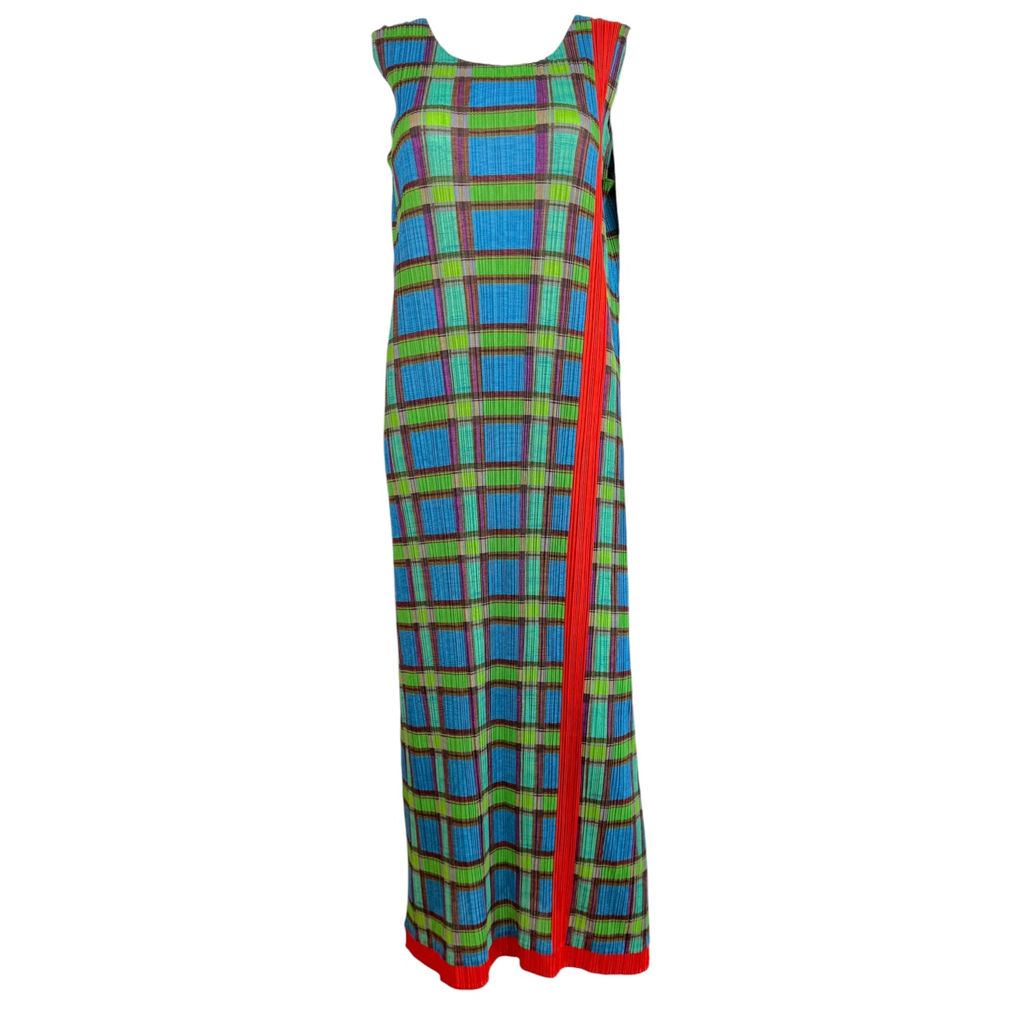 Issey Miyake Pleats Please Blue Green & Red Plaid Print Pleated Maxi Dress Sz 5