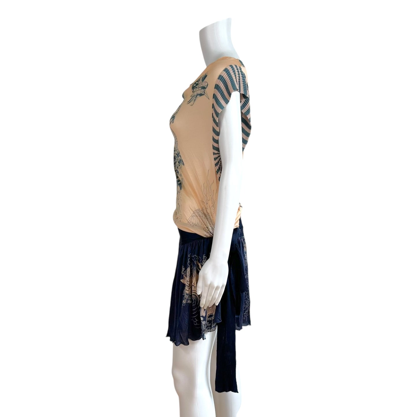 Jean Paul Gaultier Mini Dress Nude Navy Blue Tattoo Print