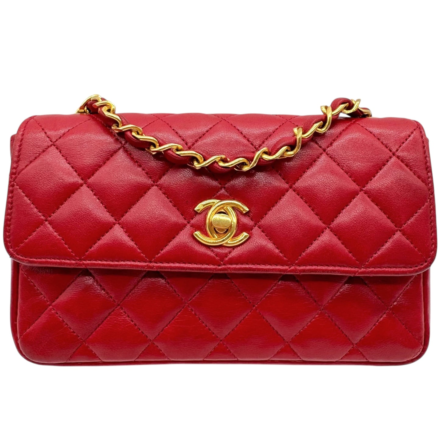 Chanel 90's Red Leather & Gold Hardware Mini Crossbody Flap Bag - Outfit Repeater