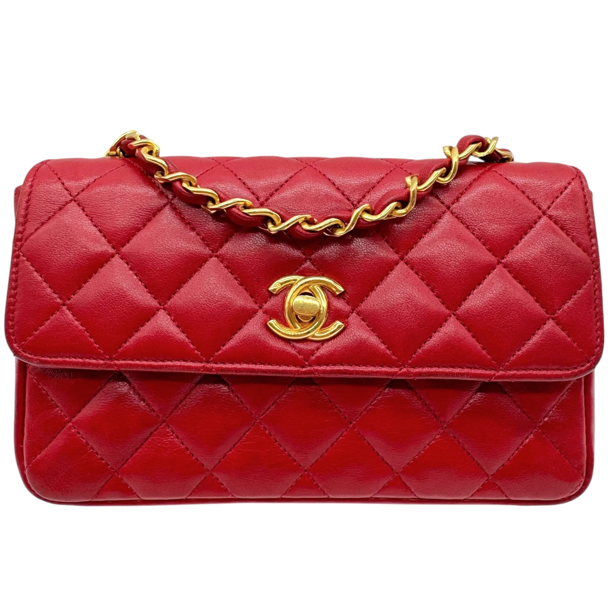 Chanel 90's Red Leather & Gold Hardware Mini Crossbody Flap Bag - Outfit Repeater