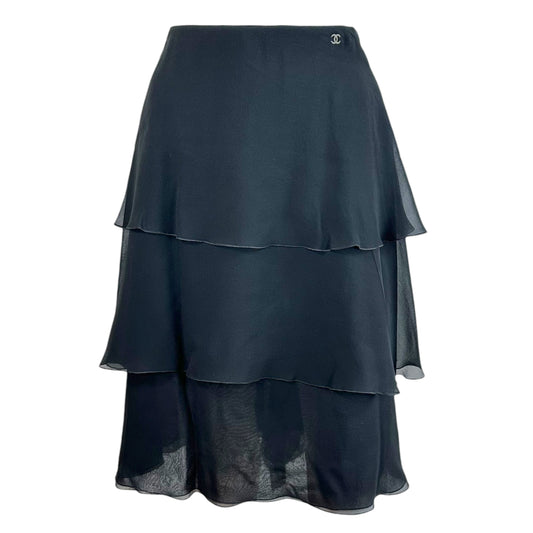 Chanel Black Tiered Silk Midi Skirt Early 2000s