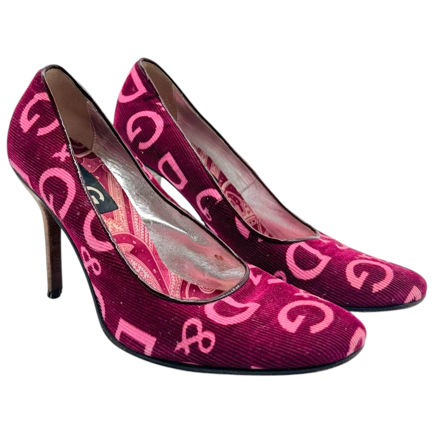 D&G Pink Purple Logo Print Corduroy Heels