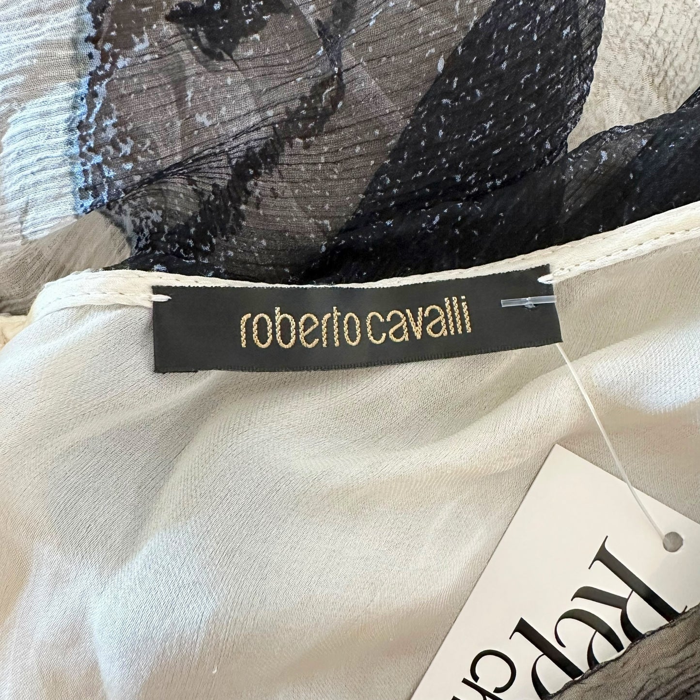 Roberto Cavalli 2007 Black & White Silk Rhinestone Embellished Blouse