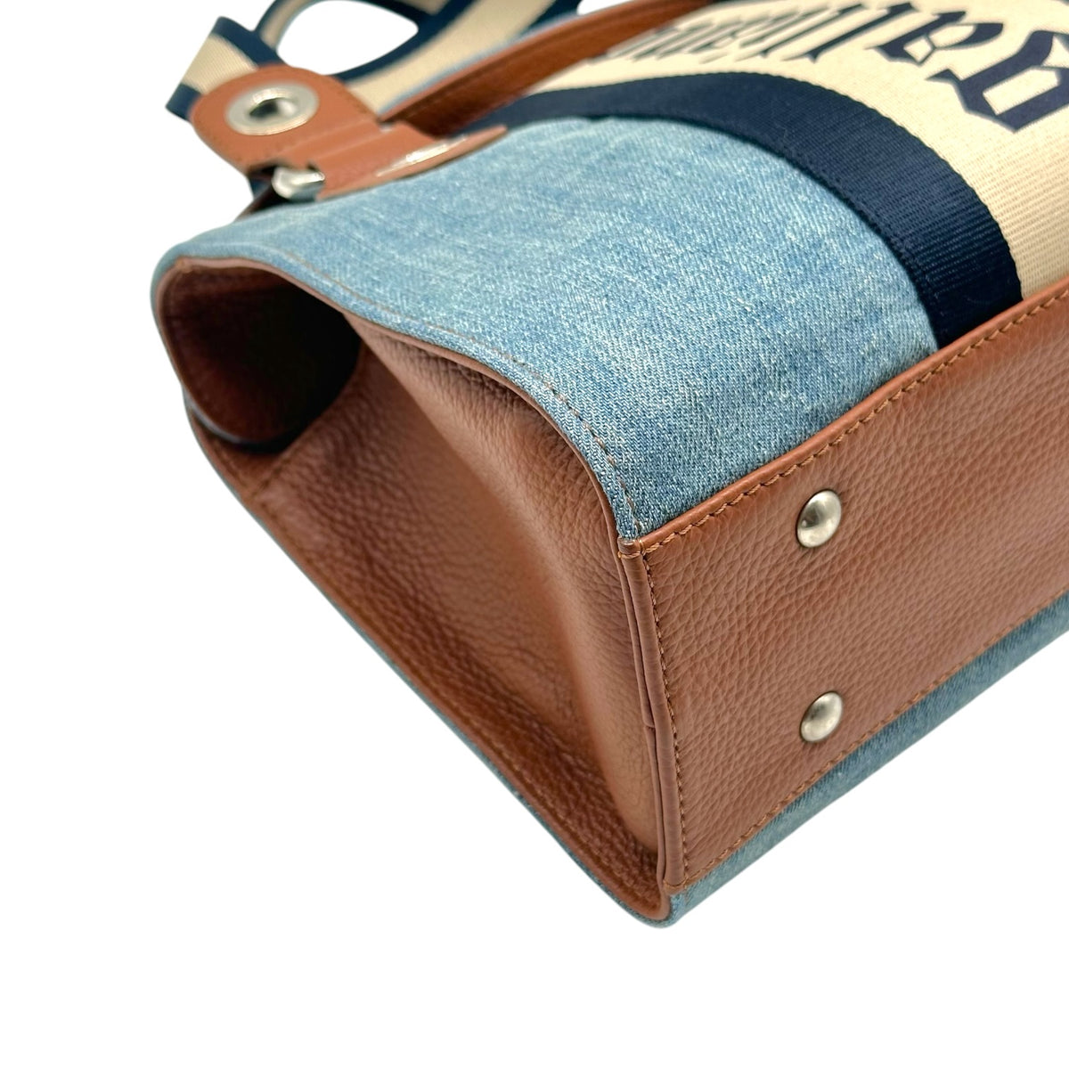 Galliano Brown Leather & Denim Logo Stripe Handbag