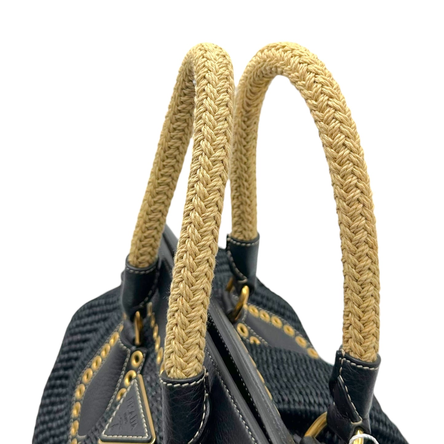 Prada Navy Blue Raffia Rivet Studded Doctors Handbag
