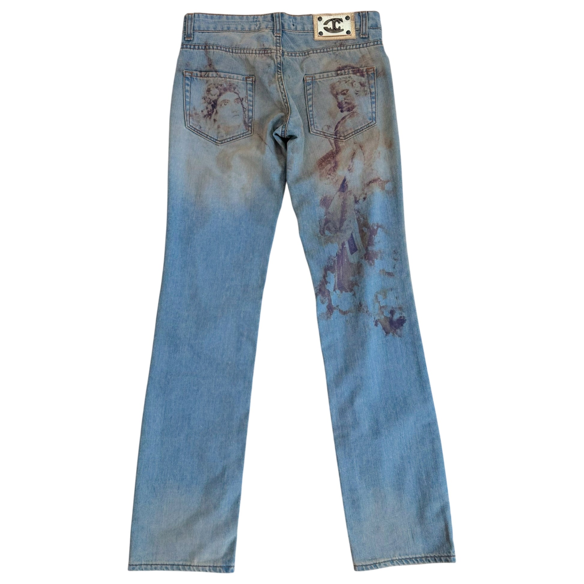 Roberto Cavalli Blue Denim Statue Print Jeans
