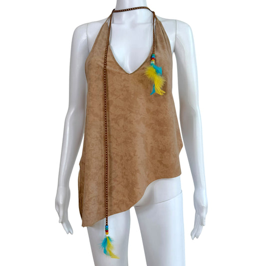 Dolce & Gabbana Halter Top Light Brown Suede Feather Embellished